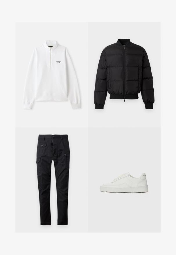 Black puffer jacket with a zip front, ribbed cuffs, and hem. Features a quilted design and tonal branding on the left chest pocket.; White zip-up sweatshirt with a high collar, featuring a front logo in black. Soft fabric, relaxed fit, ribbed cuffs and hem.; Red cotton T-shirt featuring short sleeves, a round neckline, and a black embroidered logo on the left chest. Simple and solid design.; Black cargo pants made of durable fabric, featuring multiple pockets, a button fly, and a straight leg design. Smooth texture and matte finish.; White leather sneaker with a smooth finish, round toe, flat laces, and a textured sole. Features a subtle logo on the heel.