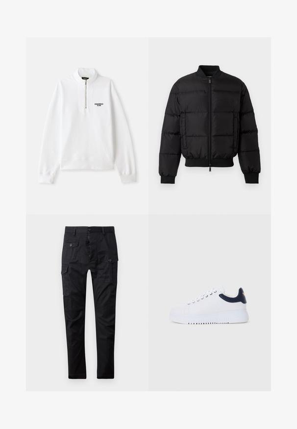 Zwarte pufferjack met een ritssluiting aan de voorkant, ribgebreide manchetten en zoom. Beschikt over een gewatteerd ontwerp en tonaal merk op de linkerkant van de borstzak.; Witte zip-up sweatshirt met hoge kraag, featuring een voorlogo in het zwart. Zacht materiaal, ontspannen pasvorm, geribbelde boorden en onderrand.; Zwarte katoenen T-shirt met korte mouwen, met een wit "DSQUARED2 MILANO" logo op de borst. Crew neck ontwerp, gladde textuur.; Zwarte cargobroek van duurzaam materiaal, met meerdere zakken, een knoopsluiting en een rechte pasvorm. Soepele textuur en matte afwerking.; Witte sneakers met marineblauwe accenten, met een gladde textuur, ronde neus en verhoogde buitenzool, voorzien van een logo aan de zijkant.