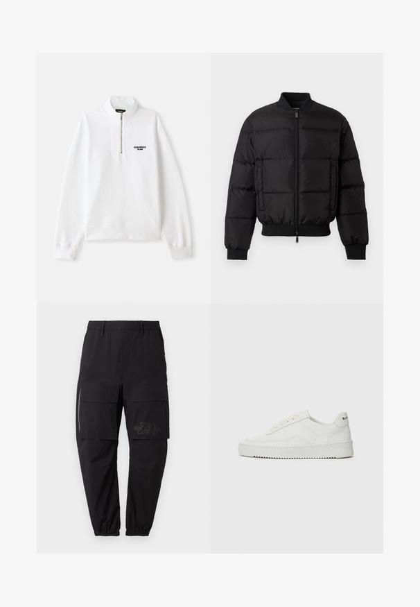 Black puffer jacket with a zip front, ribbed cuffs, and hem. Features a quilted design and tonal branding on the left chest pocket.; White zip-up sweatshirt with a high collar, featuring a front logo in black. Soft fabric, relaxed fit, ribbed cuffs and hem.; Black cargo pants with an elastic waistband, featuring multiple side pockets, a zipper detail, and a subtle printed logo on the thigh.; White leather sneaker with a smooth finish, round toe, flat laces, and a textured sole. Features a subtle logo on the heel.