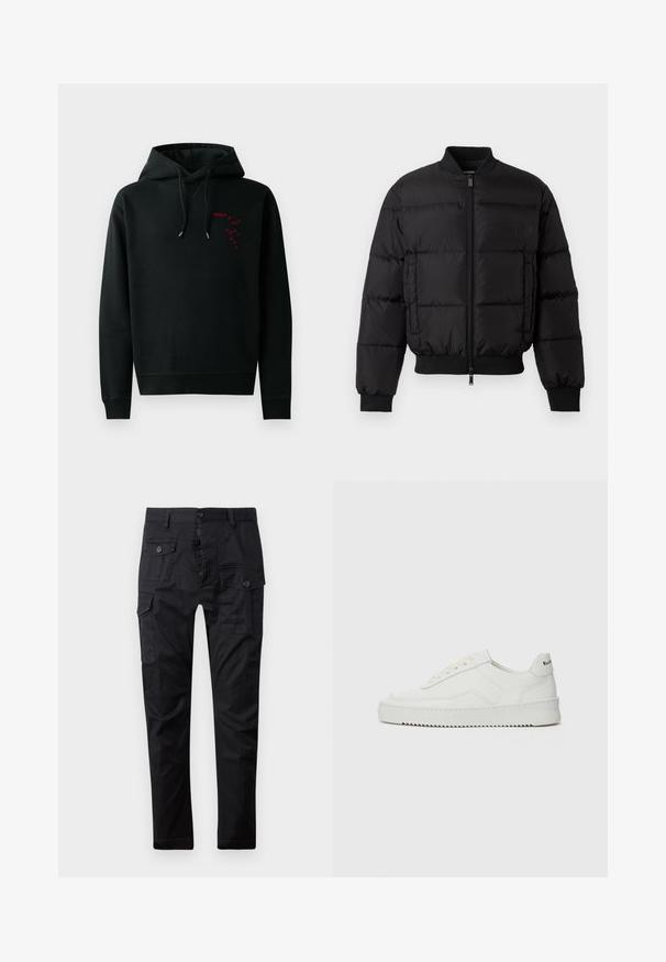 Zwarte pufferjack met een ritssluiting aan de voorkant, ribgebreide manchetten en zoom. Beschikt over een gewatteerd ontwerp en tonaal merk op de linkerkant van de borstzak.; Zwarte hoodie met een kangoeroezak, voorzien van een rode bedrukte logo op de borst. Trekkoorden met zilveren punten en ribgebreide manchetten. Katoenen materiaal.; Zwarte cargobroek van duurzaam materiaal, met meerdere zakken, een knoopsluiting en een rechte pasvorm. Soepele textuur en matte afwerking.; Witte leren sneaker met een gladde afwerking, ronde neus, platte veters en een gestructureerde zool. Kenmerkt zich door een subtiel logo op de hiel.