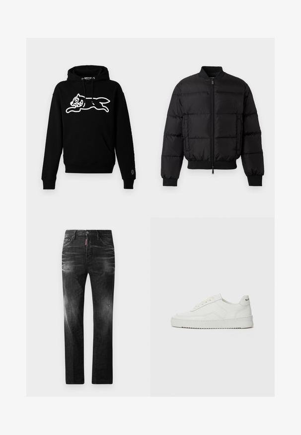 Giacca a spettro nera con zip frontale, polsini e orlo a costine. Presenta un design trapuntato e un logo tono su tono sulla tasca sinistra del petto.; Felpa nera con cappuccio realizzata in morbido tessuto, caratterizzata da una grafica bianca di un gatto che salta, con tratti del viso esagerati e una tasca frontale.; Jeans in denim nero con vestibilità dritta. Presentano aree sbiadite, leggeri segni di usura, classico design a cinque tasche e chiusura con bottone.; Sneaker in pelle bianca con una finitura liscia, punta rotonda, lacci piatti e suola testurizzata. Presenta un logo discreto sul tallone.