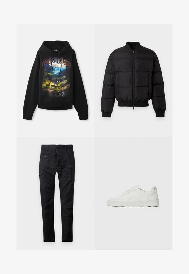 Black puffer jacket with a zip front, ribbed cuffs, and hem. Features a quilted design and tonal branding on the left chest pocket.; Black hoodie featuring a nature-themed graphic with deer and mountains. Drawstring hood, long sleeves, and relaxed fit. Soft cotton fabric.; Black cargo pants made of durable fabric, featuring multiple pockets, a button fly, and a straight leg design. Smooth texture and matte finish.; White leather sneaker with a smooth finish, round toe, flat laces, and a textured sole. Features a subtle logo on the heel.