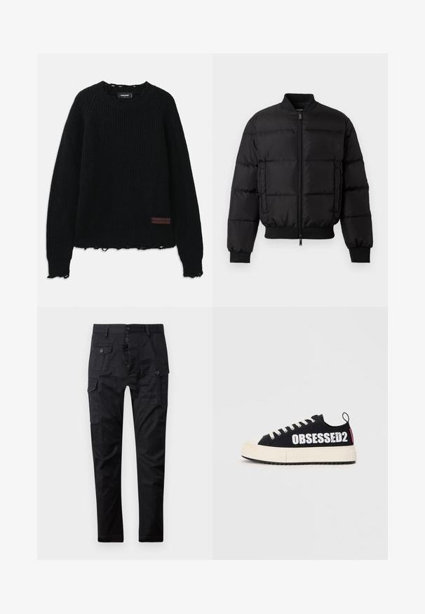 Schwarze Daunenjacke mit Reißverschluss, gerippten Bündchen und Saum. Verfügt über ein gesteppte Design und ein tonal passendes Branding auf der linken Brusttasche.; Schwarzer Waffelstrickpullover mit Rundhalsausschnitt, gerippten Bündchen, fransigem Saum und einem kleinen braunen Lederlogo-Patch auf der unteren linken Seite.; Schwarze Cargohosen aus strapazierfähigem Stoff, ausgestattet mit mehreren Taschen, einem Knopfverschluss und einem geraden Bein-Design. Glatte Textur und matte Oberfläche.; Schwarze Leinenschuhe mit weißem "OBSESSED2"-Text, cremfarbener Gummisohle, flachen Schnürsenkeln und einer Lasche an der Rückseite. Seitenansicht dargestellt.