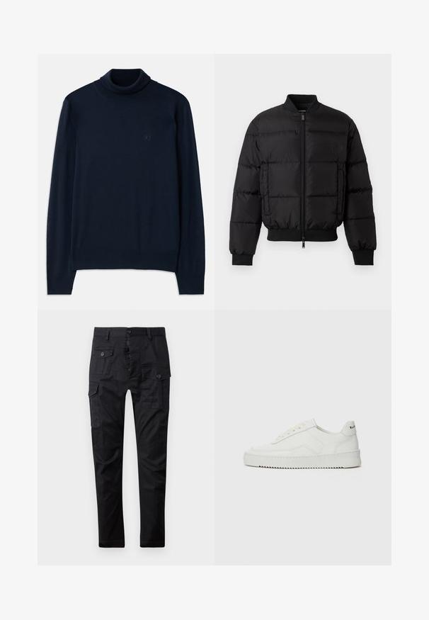 Zwarte pufferjack met een ritssluiting aan de voorkant, ribgebreide manchetten en zoom. Beschikt over een gewatteerd ontwerp en tonaal merk op de linkerkant van de borstzak.; Dsquared2 TURTLE NECK - Trui - navy blue; Zwarte cargobroek van duurzaam materiaal, met meerdere zakken, een knoopsluiting en een rechte pasvorm. Soepele textuur en matte afwerking.; Witte leren sneaker met een gladde afwerking, ronde neus, platte veters en een gestructureerde zool. Kenmerkt zich door een subtiel logo op de hiel.
