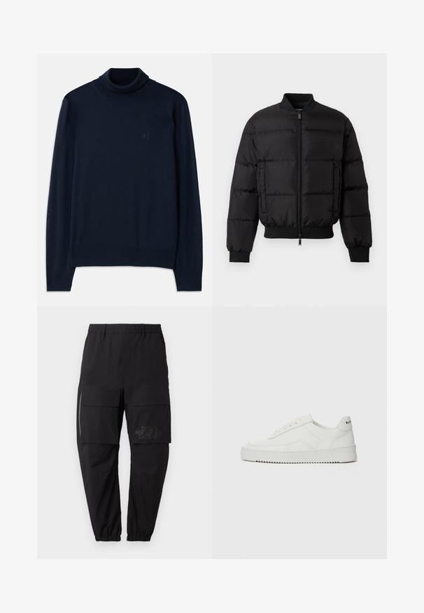 Zwarte pufferjack met een ritssluiting aan de voorkant, ribgebreide manchetten en zoom. Beschikt over een gewatteerd ontwerp en tonaal merk op de linkerkant van de borstzak.; Dsquared2 TURTLE NECK - Trui - navy blue; Zwarte cargobroek met een elastische tailleband, voorzien van meerdere zijzakken, een ritsdetail en een subtiele bedrukte logo op de dij.; Witte leren sneaker met een gladde afwerking, ronde neus, platte veters en een gestructureerde zool. Kenmerkt zich door een subtiel logo op de hiel.