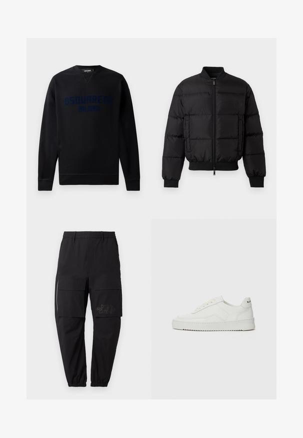 Black puffer jacket with a zip front, ribbed cuffs, and hem. Features a quilted design and tonal branding on the left chest pocket.; Black sweatshirt featuring a crew neckline and long sleeves. Front displays the raised graphic "DSQUARED2 MILANO" in dark blue. Soft texture.; Black cargo pants with an elastic waistband, featuring multiple side pockets, a zipper detail, and a subtle printed logo on the thigh.; White leather sneaker with a smooth finish, round toe, flat laces, and a textured sole. Features a subtle logo on the heel.