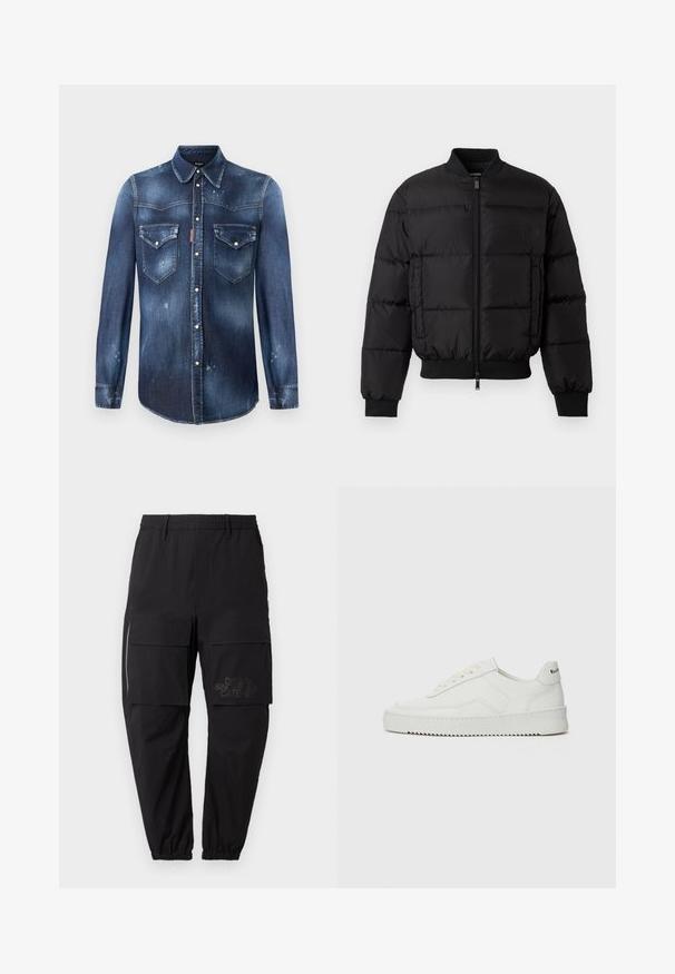 Juodas pūkinis švarkas su užtrauktuku priekyje, su guma rankogaliuose ir priekyje. Yra siuvinėtas dizainas ir toninis logotipas kairėje krūtinės kišenėje.; Tamsiai mėlyna džinsinė marškinė su ilgomis rankovėmis, smailiu apykakle, dviem krūtinės kišenėmis ir mygtukų uždarymu. Sugadinti detalės ir išblukusi tekstūra.; Raudona medvilninė marškinėlių su trumpomis rankovėmis, apvaliu iškirpimu ir juodu siuvinėtu logotipu kairėje krūtinės pusėje. Paprastas ir solidus dizainas.; Juodos krovinių kelnės su elastinga juosmena, turinčios keletą šoninių kišenių, užtrauktuko detalę ir subtilų logotipą ant šlaunies.; Balti odiniai sportiniai bateliai su lygia apdaila, apvaliu pirštu, plokščiais raišteliais ir tekstūruotu padu. Pasižymi subtiliu logotipu ant kulno.