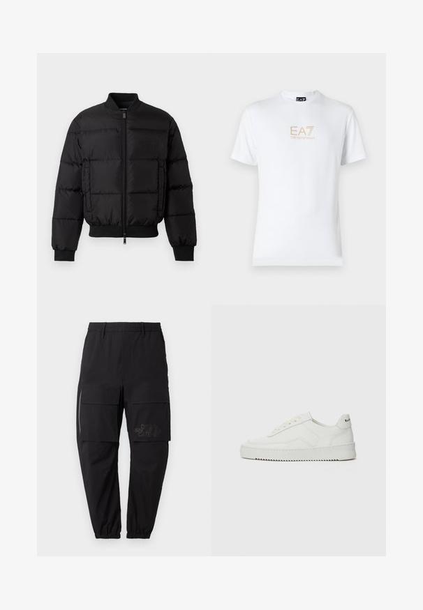 Schwarze Daunenjacke mit Reißverschluss, gerippten Bündchen und Saum. Verfügt über ein gesteppte Design und ein tonal passendes Branding auf der linken Brusttasche.; Weißes Baumwoll-T-Shirt mit Rundhalsausschnitt und kurzen Ärmeln, mit einem goldenen EA7 Emporio Armani-Logo auf der Vorderseite.; Schwarze Cargo-Hosen mit einem elastischen Taillenbund, die über mehrere Seitentaschen, ein Reißverschlussdetail und ein dezentes, bedrucktes Logo am Oberschenkel verfügen.; Weiße Ledersneaker mit glatter Oberfläche, runder Zehenpartie, flachen Schnürsenkeln und strukturiertem Sohlenprofil. Mit einem dezenten Logo an der Ferse.