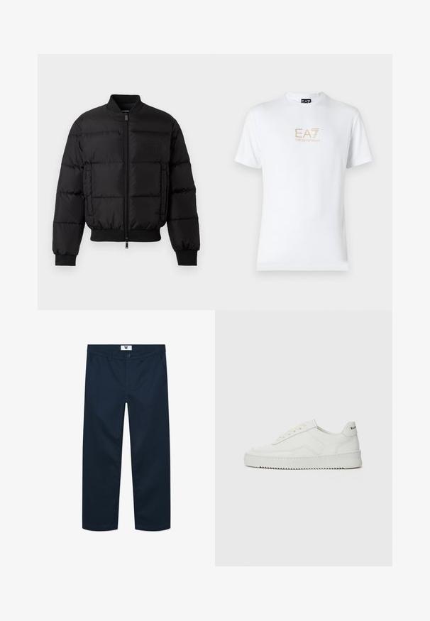 Black puffer jacket with a zip front, ribbed cuffs, and hem. Features a quilted design and tonal branding on the left chest pocket.; White cotton t-shirt featuring a round neckline and short sleeves, with a gold EA7 Emporio Armani logo printed on the front.; Navy blue cotton chinos with a straight cut, featuring a front button closure, two side pockets, and minimalist design.; White leather sneaker with a smooth finish, round toe, flat laces, and a textured sole. Features a subtle logo on the heel.