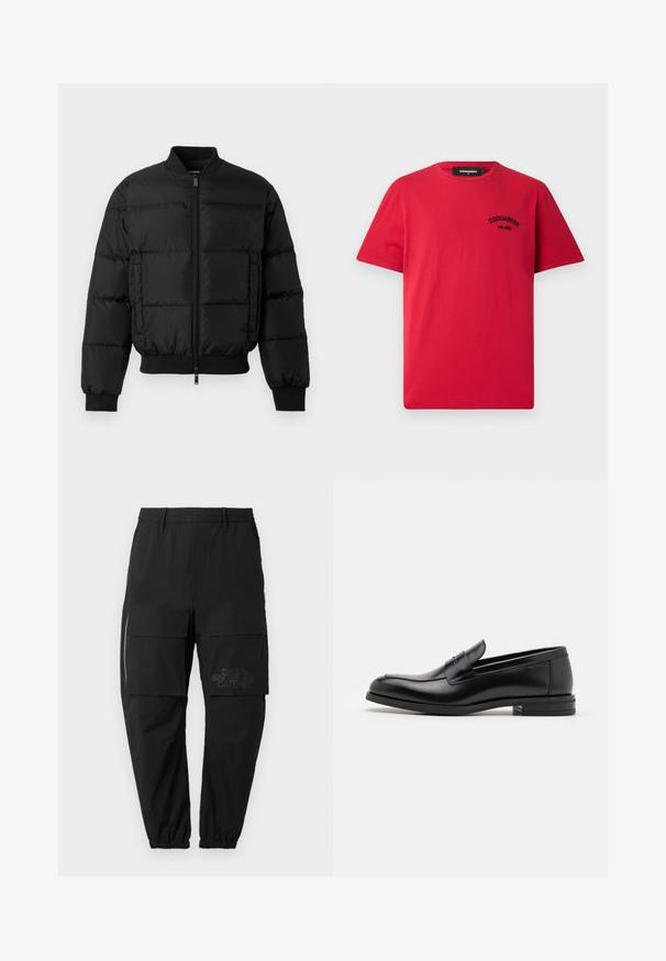 Čierna páperová bunda so zipsom vpredu, rebrovanými manžetami a lemom. Má prešívaný dizajn a tónové branding na ľavom prednom vrecku.; Červené bavlnené tričko s krátkymi rukávmi, okrúhlym výstrihom a čiernym vyšitým logom na ľavej hrudi. Jednoduchý a pevných dizajn.; Čierne cargo nohavice s elastickým pásom, obsahujúce viaceré bočné vrecká, detail so zipsom a decentne potlačené logo na stehne.; Čierne kožené mokasíny s hladkou textúrou, zaoblenou špičkou a dekoračným pásikom cez priehlavok. Nízky vrstvený opätok, minimalistický dizajn.