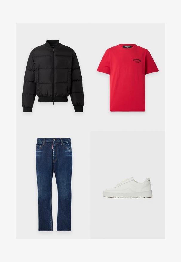 Mustmust mustroheline jakk, millel on lukuga esiosa, soonikust mansetid ja alläär. Omab tepitud disaini ja ühtlast brändimist vasakul rinnataskul.; Punane puuvillane T-särk lühikeste varrukatega, ümarate kaelustega ja musta tikitud logoga vasakul rinnal. Lihtne ja kindel disain.; Tumed sinise denim riided otse jalaga, kerge pleekimisega, kollaste õmblustega, ees olevate taskutega ja nupuga kinnitusega.; Valge nahast tennis, millel on sile põhi, ümar varvas, lamedad nöörid ja tekstuuriline tall. Sisaldab diskreetset logo kontsaribal.