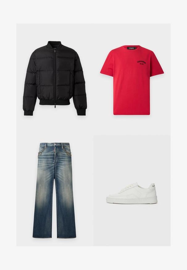 Giacca a spettro nera con zip frontale, polsini e orlo a costine. Presenta un design trapuntato e un logo tono su tono sulla tasca sinistra del petto.; T-shirt in cotone rosso con maniche corte, scollo rotondo e un logo ricamato nero sul lato sinistro del petto. Design semplice e compatto.; Jeans in denim a gamba larga in blu sbiadito. Presentano dettagli metallici sulle tasche frontali. Orlo sfrangiato e leggere variazioni di colore lungo tutta la superficie.; Sneaker in pelle bianca con una finitura liscia, punta rotonda, lacci piatti e suola testurizzata. Presenta un logo discreto sul tallone.