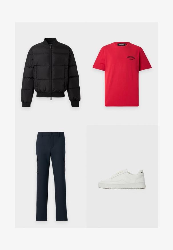 Black puffer jacket with a zip front, ribbed cuffs, and hem. Features a quilted design and tonal branding on the left chest pocket.; Red cotton T-shirt featuring short sleeves, a round neckline, and a black embroidered logo on the left chest. Simple and solid design.; Navy blue cargo pants made of a smooth fabric, featuring side pockets, a front button closure, and a straight-leg design.; White leather sneaker with a smooth finish, round toe, flat laces, and a textured sole. Features a subtle logo on the heel.
