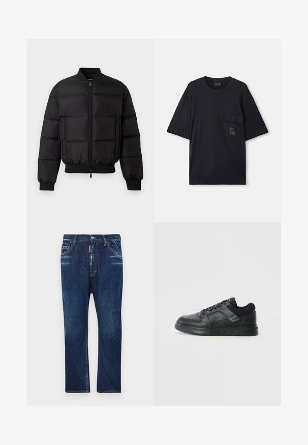 Melna pūšamā jaka ar rāvējslēdzēju priekšā, ribotām piedurknēm un apakšmalu. Iezīmējas ar dūnu struktūru un toņa zīmolu kreisajā krūšu kabatē.; Melnas īsām piedurknēm kreklu ar apaļu kakla izgriezumu un kabatu uz kreisā krūšu, kas ļauj redzēt nelielu taisnstūra formas logo plāksteri.; Tumši zili džinsi ar taisnu kāju piegriezumu, kuriem ir viegls izblukums, dzeltena šuvumu apdare, priekšējās kabatas un pogu aizdare.; Melnas sporta kurpes ar gludu ādas virsu, ar sieta akcentiem, perforētiem elementiem un teksturētu gumijas zoli ar zemu profilu.