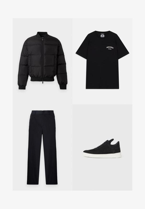Black puffer jacket with a zip front, ribbed cuffs, and hem. Features a quilted design and tonal branding on the left chest pocket.; Black cotton T-shirt with short sleeves, featuring white "DSQUARED2 MILANO" logo on the chest. Crew neck design, smooth texture.; Black trousers featuring a lightweight, textured fabric, straight-leg design, elastic waistband, and side zip pockets.; Black suede sneaker with a white rubber sole, featuring tonal stitching and lace-up design. Smooth texture with a modern, streamlined shape.