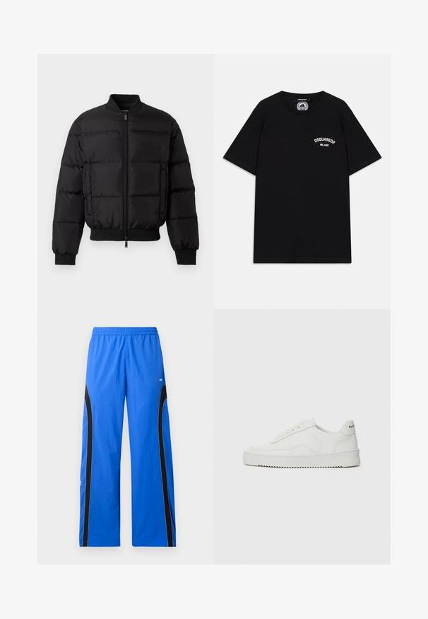 Schwarze Daunenjacke mit Reißverschluss, gerippten Bündchen und Saum. Verfügt über ein gesteppte Design und ein tonal passendes Branding auf der linken Brusttasche.; Schwarz Baumwoll-T-Shirt mit kurzen Ärmeln, mit weißem "DSQUARED2 MILANO" Logo auf der Brust. Rundhalsausschnitt, glatte Textur.; Blaue Sporthosen aus leichtem Stoff, mit schwarzen seitlichen Einsätzen und weißen Paspelierungen. Elastischer Bund für einen sicheren Sitz.; Weiße Ledersneaker mit glatter Oberfläche, runder Zehenpartie, flachen Schnürsenkeln und strukturiertem Sohlenprofil. Mit einem dezenten Logo an der Ferse.