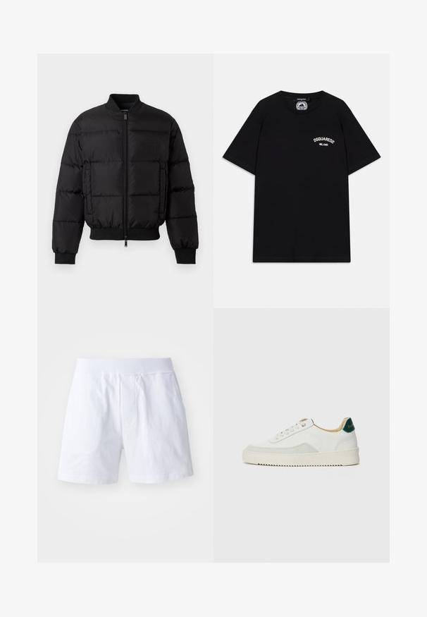 Veste en duvet noire avec une fermeture éclair à l'avant, des poignets et un ourlet côtelés. Présente un design matelassé et un logo ton sur ton sur la poche gauche de la poitrine.; T-shirt en coton noir à manches courtes, avec le logo blanc "DSQUARED2 MILANO" sur la poitrine. Design à col rond, texture lisse.; Shorts en coton blanc dotés d'une taille élastique, de deux poches latérales et d'une coupe décontractée. Texture douce sans motifs ni accents visibles.; Baskets blanches avec des accents en daim, bout arrondi, lacets plats et semelle en caoutchouc crème. Présente une marque verte sur le talon.