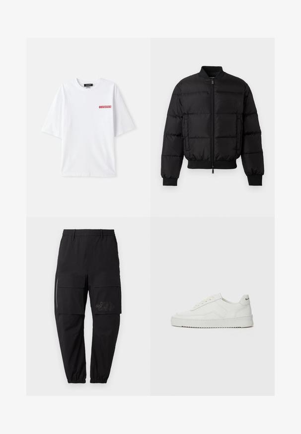 Zwarte pufferjack met een ritssluiting aan de voorkant, ribgebreide manchetten en zoom. Beschikt over een gewatteerd ontwerp en tonaal merk op de linkerkant van de borstzak.; Witte katoenen T-shirt met korte mouwen, voorzien van de rode tekst "OBSESSED2" aan de voorkant, links. Klassiek ronde hals ontwerp.; Zwarte cargobroek met een elastische tailleband, voorzien van meerdere zijzakken, een ritsdetail en een subtiele bedrukte logo op de dij.; Witte leren sneaker met een gladde afwerking, ronde neus, platte veters en een gestructureerde zool. Kenmerkt zich door een subtiel logo op de hiel.
