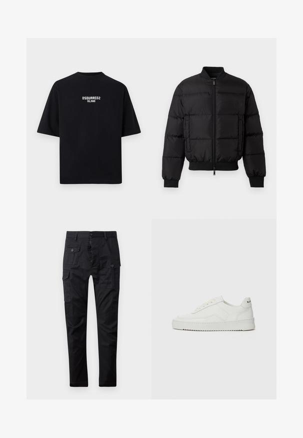 Black puffer jacket with a zip front, ribbed cuffs, and hem. Features a quilted design and tonal branding on the left chest pocket.; Black cotton t-shirt with short sleeves, round neckline, and white uppercase text "DSQUARED2 MILANO" centered on the front.; Black cargo pants made of durable fabric, featuring multiple pockets, a button fly, and a straight leg design. Smooth texture and matte finish.; White leather sneaker with a smooth finish, round toe, flat laces, and a textured sole. Features a subtle logo on the heel.