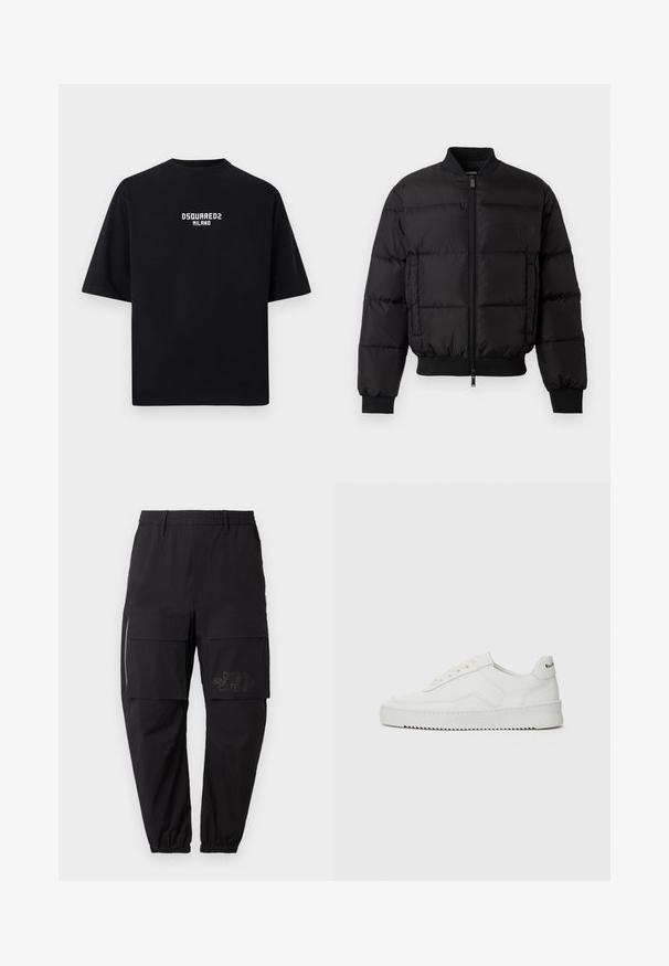 Black puffer jacket with a zip front, ribbed cuffs, and hem. Features a quilted design and tonal branding on the left chest pocket.; Black cotton t-shirt with short sleeves, round neckline, and white uppercase text "DSQUARED2 MILANO" centered on the front.; Black cargo pants with an elastic waistband, featuring multiple side pockets, a zipper detail, and a subtle printed logo on the thigh.; White leather sneaker with a smooth finish, round toe, flat laces, and a textured sole. Features a subtle logo on the heel.