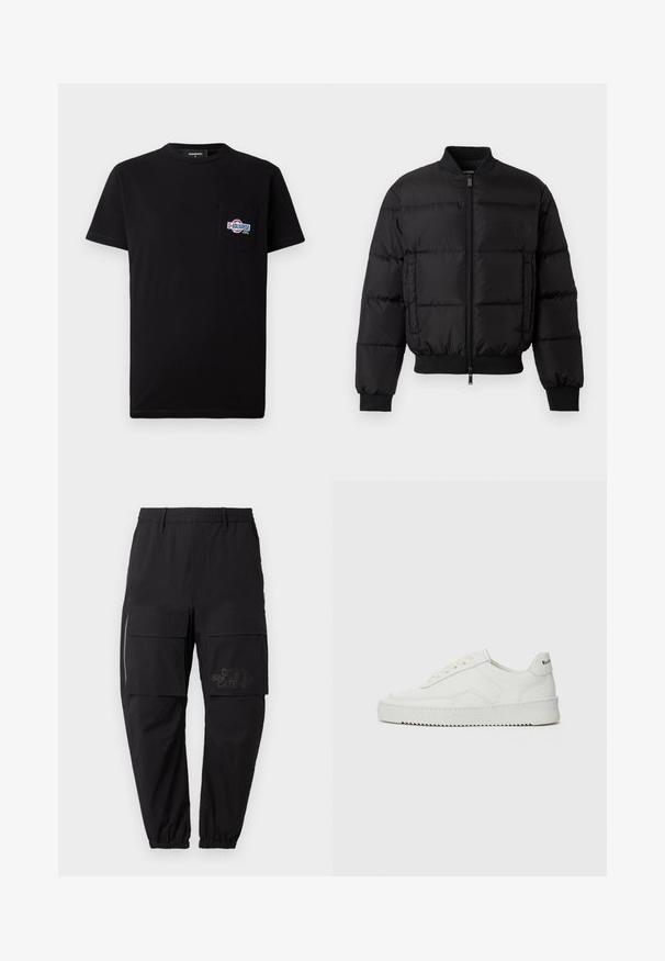 Chaqueta de plumas negra con cierre de cremallera en la parte delantera, puños y dobladillo acanalados. Cuenta con un diseño acolchado y una marca tonal en el bolsillo izquierdo del pecho.; Camiseta de algodón negra con mangas cortas y cuello redondo, que presenta un bolsillo en el lado izquierdo del pecho con un logo bordado multicolor.; Pantalones cargo negros con cintura elástica, que cuentan con múltiples bolsillos laterales, un detalle de cremallera y un logo sutil impreso en el muslo.; Zapatilla de cuero blanca con un acabado suave, puntera redonda, cordones planos y suela texturizada. Cuenta con un sutil logo en el talón.