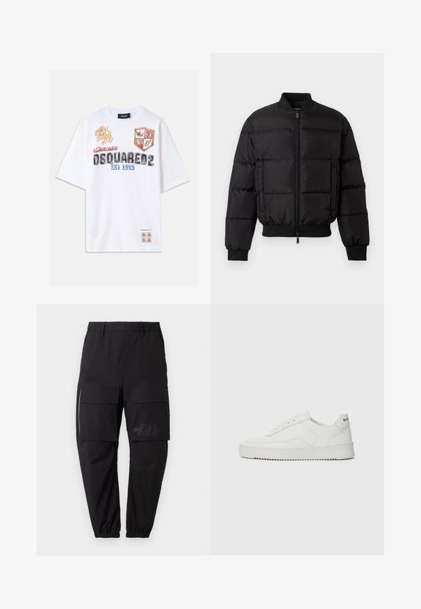 Schwarze Daunenjacke mit Reißverschluss, gerippten Bündchen und Saum. Verfügt über ein gesteppte Design und ein tonal passendes Branding auf der linken Brusttasche.; Weißes Baumwoll-T-Shirt mit bunten Grafiken, darunter ein Löwe, Schilde und Text. Lockere Passform mit kurzen Ärmeln. Akzente in Rot und Blau.; Schwarze Cargo-Hosen mit einem elastischen Taillenbund, die über mehrere Seitentaschen, ein Reißverschlussdetail und ein dezentes, bedrucktes Logo am Oberschenkel verfügen.; Weiße Ledersneaker mit glatter Oberfläche, runder Zehenpartie, flachen Schnürsenkeln und strukturiertem Sohlenprofil. Mit einem dezenten Logo an der Ferse.