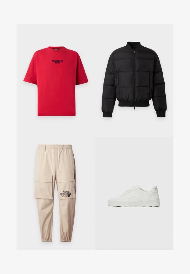 Sort pufferjakke med lynlås foran, ribbede manchetter og kant. Har en quiltet design og tonal branding på venstre brystlomme.; Rød bomulds t-shirt med rund halsudskæring, korte ærmer og et sort trykt logo med teksten "DSQUARED2 MILANO" på forsiden.; Beige cargo bukser lavet af letvægtsstof, med elastisk talje, lynlåslommer og en trykt logo på venstre ben.; Hvide lædersneakers med en glat overflade, rund tå, flade snørebånd og en tekstureret sål. Har et diskret logo på hælen.