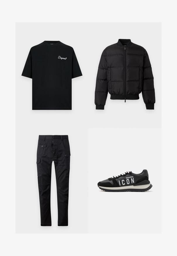 Giacca a spettro nera con zip frontale, polsini e orlo a costine. Presenta un design trapuntato e un logo tono su tono sulla tasca sinistra del petto.; Maglietta di cotone nera con scollo tondo e maniche corte. Presenta un logo bianco ricamato sul petto a sinistra. Design minimalista.; Pantaloni cargo neri realizzati in tessuto resistente, dotati di multiple tasche, chiusura con bottone e design a gamba dritta. Texture liscia e finitura opaca.; Sneaker nere in pelle e suede, con un logo "ICON" bianco e suola nera a contrasto. I lacci sono bianchi; design sportivo.