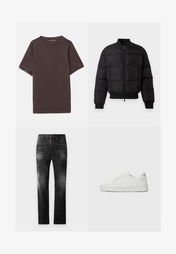Jachetă puffer neagră cu închidere prin fermoar în față, manșete și tiv ribbate. Prezintă un design matlasat și branding tonal pe buzunarul stâng de la piept.; Tricou scurt, maro, din bumbac moale, cu guler rotund și o etichetă la guler. Textură netedă, design simplu.; Jeans din denim negru cu o croială dreaptă. Au zone decolorate, ușoare uzuri, design clasic cu cinci buzunare și închidere cu buton.; Sneakers din piele albă cu un finisaj neted, vârf rotund, șireturi plate și o talpă texturată. Prezintă un logo subtil pe călcâi.