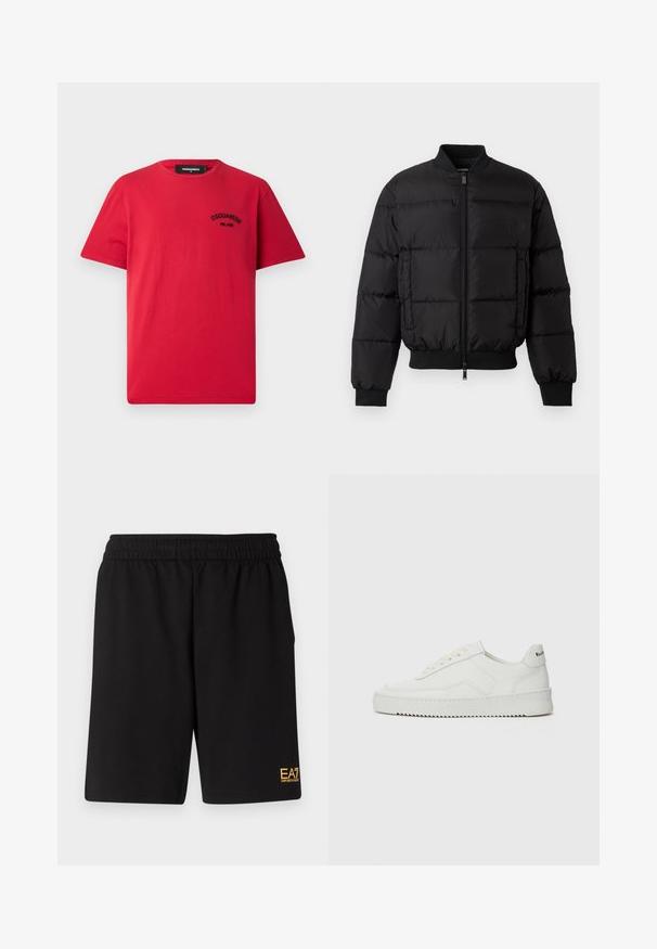 Zwarte pufferjack met een ritssluiting aan de voorkant, ribgebreide manchetten en zoom. Beschikt over een gewatteerd ontwerp en tonaal merk op de linkerkant van de borstzak.; Rode katoenen T-shirt met korte mouwen, een ronde halslijn en een zwart geborduurd logo op de linkerborst. Eenvoudig en strak ontwerp.; Zwarte sportshorts van zacht materiaal, met een elastische tailleband en een klein geel EA7-logo op de onderste linkeronderbroek.; Witte leren sneaker met een gladde afwerking, ronde neus, platte veters en een gestructureerde zool. Kenmerkt zich door een subtiel logo op de hiel.
