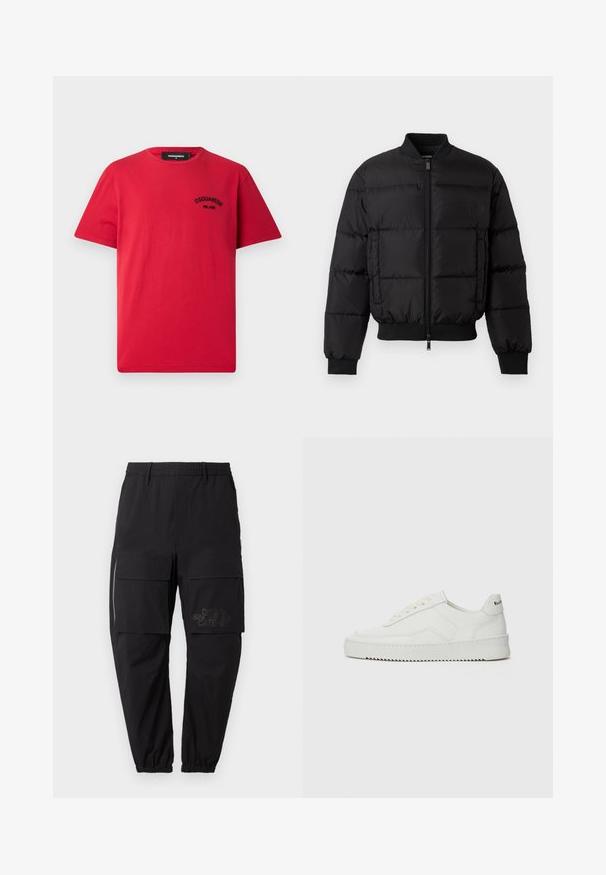 Schwarze Daunenjacke mit Reißverschluss, gerippten Bündchen und Saum. Verfügt über ein gesteppte Design und ein tonal passendes Branding auf der linken Brusttasche.; Rotes Baumwoll-T-Shirt mit kurzen Ärmeln, rundem Halsausschnitt und einem schwarzen gestickten Logo auf der linken Brust. Einfaches und solides Design.; Schwarze Cargo-Hosen mit einem elastischen Taillenbund, die über mehrere Seitentaschen, ein Reißverschlussdetail und ein dezentes, bedrucktes Logo am Oberschenkel verfügen.; Weiße Ledersneaker mit glatter Oberfläche, runder Zehenpartie, flachen Schnürsenkeln und strukturiertem Sohlenprofil. Mit einem dezenten Logo an der Ferse.