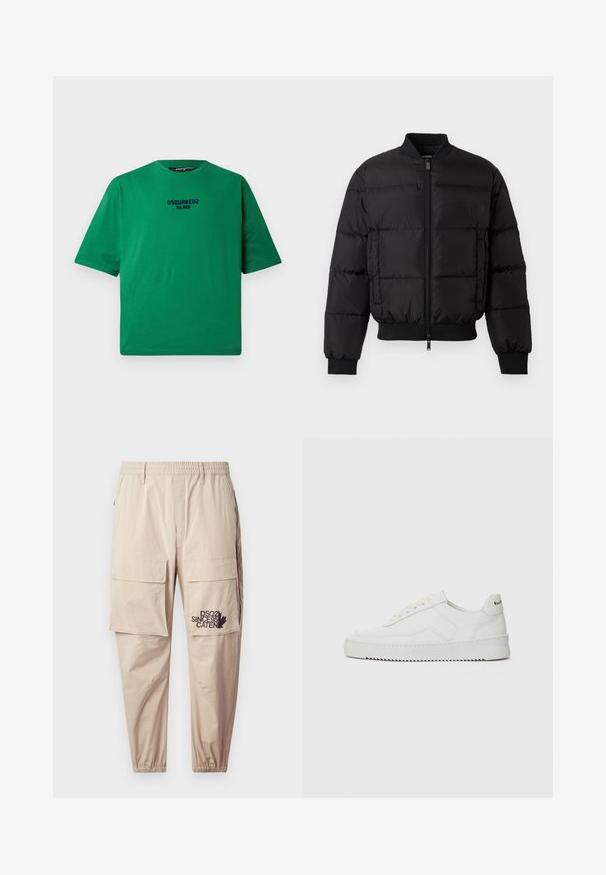 Mustmust mustroheline jakk, millel on lukuga esiosa, soonikust mansetid ja alläär. Omab tepitud disaini ja ühtlast brändimist vasakul rinnataskul.; Roheline T-särk, mis on valmistatud puuvillast, ringse kaelusega ja lühikeste varrukatega. Eesoleval küljel on keskelt must "DSQUARED2 MILANO" logo.; Beežid cargo püksid, mis on valmistatud kergest kangast, elastse vöökohtaga, vetthülgavate taskutega ja trükitud logoga vasakul säärel.; Valge nahast tennis, millel on sile põhi, ümar varvas, lamedad nöörid ja tekstuuriline tall. Sisaldab diskreetset logo kontsaribal.