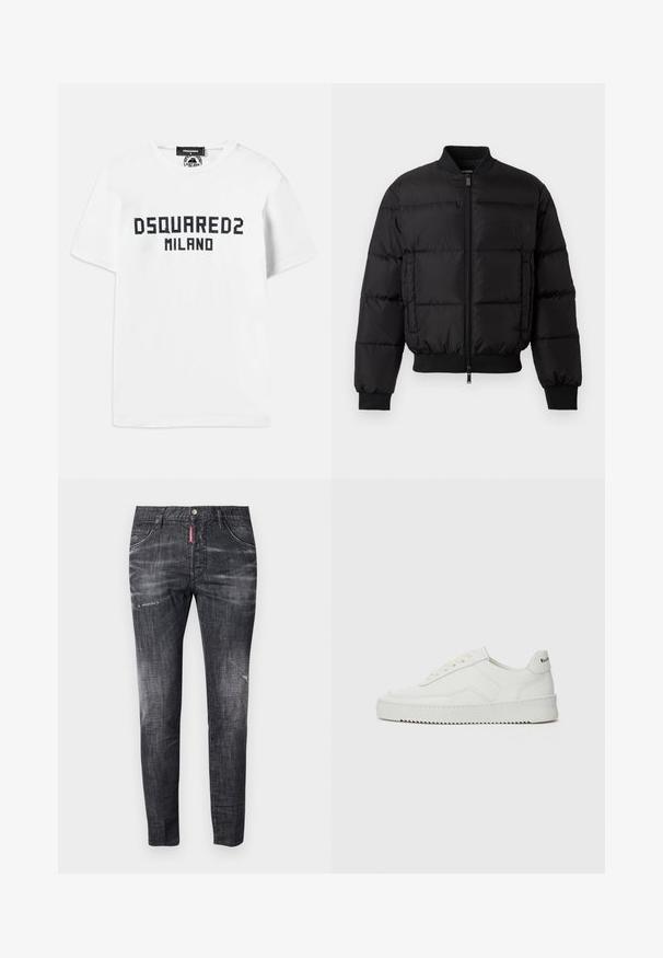 Fekete puffermellény, elülső cipzárral, bordázott mandzsettákkal és aljjal. Tömörített mintázat jellemzi, és tónusos logó található a bal oldali mellzsebén.; Dsquared2 COOL FIT TEE - Nyomott mintás póló - white/dark navy; Sötétszürke farmernadrág slim fit szabással, enyhe kopással, a combokon kopott hatásokkal, öt zsebbel és kontrasztos piros címkével.; Fehér bőr sportcipő sima felülettel, kerek orral, lapos fűzőkkel és texturált talppal. Finom logó található a sarokon.