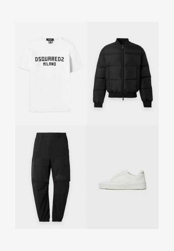 Schwarze Daunenjacke mit Reißverschluss, gerippten Bündchen und Saum. Verfügt über ein gesteppte Design und ein tonal passendes Branding auf der linken Brusttasche.; Dsquared2 COOL FIT TEE - T-Shirt print - white/dark navy; Schwarze Cargo-Hosen mit einem elastischen Taillenbund, die über mehrere Seitentaschen, ein Reißverschlussdetail und ein dezentes, bedrucktes Logo am Oberschenkel verfügen.; Weiße Ledersneaker mit glatter Oberfläche, runder Zehenpartie, flachen Schnürsenkeln und strukturiertem Sohlenprofil. Mit einem dezenten Logo an der Ferse.