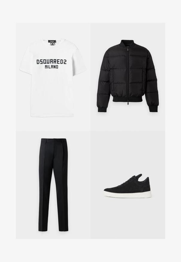 Jachetă puffer neagră cu închidere prin fermoar în față, manșete și tiv ribbate. Prezintă un design matlasat și branding tonal pe buzunarul stâng de la piept.; Dsquared2 COOL FIT TEE - Tricou cu imprimeu - white/dark navy; Pantaloni formali negri, confecționați dintr-un material neted, cu un design cu picior drept, pliuri frontale și talie standard fără aplicații.; Sneakers negre din suede cu o talpă din cauciuc albă, prezentând cusături tonale și un design cu șireturi. Textură netedă cu o formă modernă și aerodinamică.