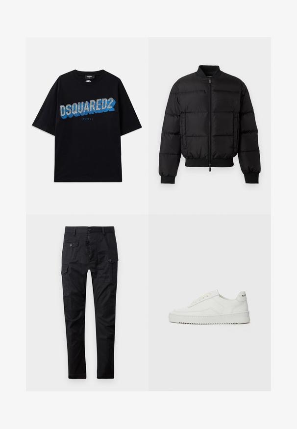 Black puffer jacket with a zip front, ribbed cuffs, and hem. Features a quilted design and tonal branding on the left chest pocket.; Dsquared2 Print T-shirt - black; Black cargo pants made of durable fabric, featuring multiple pockets, a button fly, and a straight leg design. Smooth texture and matte finish.; White leather sneaker with a smooth finish, round toe, flat laces, and a textured sole. Features a subtle logo on the heel.