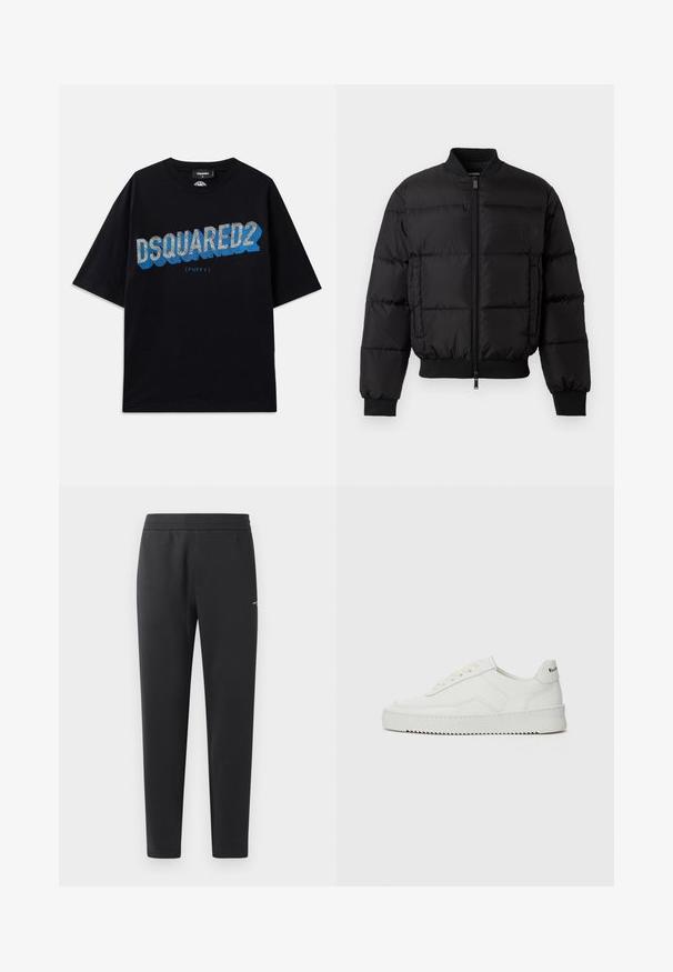 Jachetă puffer neagră cu închidere prin fermoar în față, manșete și tiv ribbate. Prezintă un design matlasat și branding tonal pe buzunarul stâng de la piept.; Dsquared2 Tricou cu imprimeu - black; Pantaloni de jogger negri, confecționați dintr-un material moale, cu un brâu elastic, picioare drepte și un detaliu mic cu logo pe lateral.; Sneakers din piele albă cu un finisaj neted, vârf rotund, șireturi plate și o talpă texturată. Prezintă un logo subtil pe călcâi.