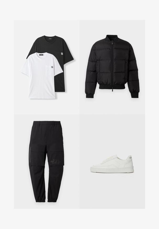 Giacca a spettro nera con zip frontale, polsini e orlo a costine. Presenta un design trapuntato e un logo tono su tono sulla tasca sinistra del petto.; Due t-shirt esposte: una nera e una bianca, entrambe a manica corta e con una piccola tasca sul petto. Loghi presenti sulla tasca.; Pantaloni cargo neri con un elastico in vita, dotati di molteplici tasche laterali, dettaglio con cerniera e un logo stampato discreto sulla coscia.; Sneaker in pelle bianca con una finitura liscia, punta rotonda, lacci piatti e suola testurizzata. Presenta un logo discreto sul tallone.