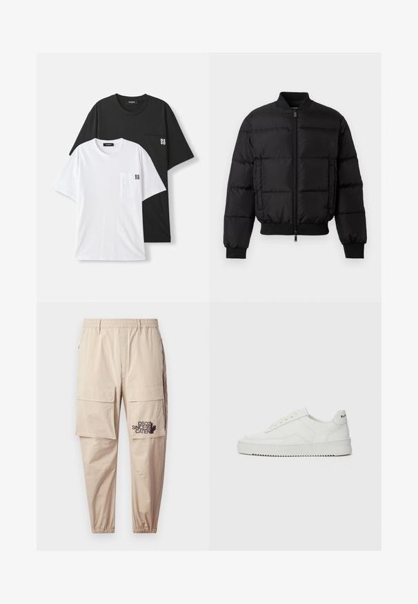 Black puffer jacket with a zip front, ribbed cuffs, and hem. Features a quilted design and tonal branding on the left chest pocket.; Two t-shirts displayed: one black and one white, both with short sleeves and a small chest pocket. Logos featured on the pocket.; Beige cargo pants made of lightweight fabric, featuring an elastic waistband, zip pockets, and a printed logo on the left leg.; White leather sneaker with a smooth finish, round toe, flat laces, and a textured sole. Features a subtle logo on the heel.