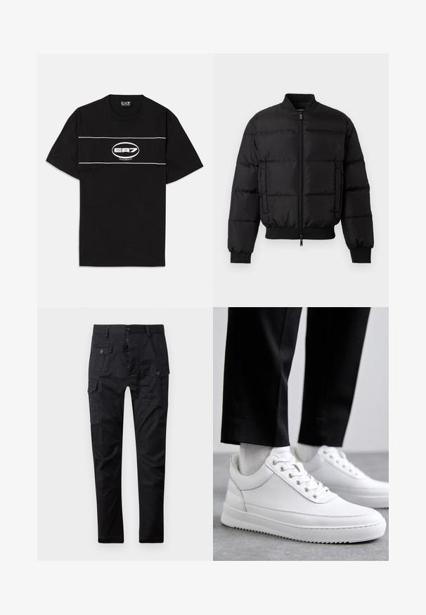 Juodas pūkinis švarkas su užtrauktuku priekyje, su guma rankogaliuose ir priekyje. Yra siuvinėtas dizainas ir toninis logotipas kairėje krūtinės kišenėje.; Juodas medvilninis marškinėliai su baltais horizontaliais dryžiais ir ovaliu EA7 logotipu priekyje. Trumpomis rankovėmis ir apvaliu kaklu.; Juodi krovinių kelniai, pagaminti iš patvarios medžiagos, užtikrinantys daugybę kišenių, mygtukų užtrauktuką ir tiesaus kirpimo dizainą. Lygi tekstūra ir matinė apdaila.; Baltos odinės sportbačiai su plokščiu guminiu padu, pasižymintys lygiu paviršiumi, apvalia nosimi ir metaliniais anga užrišimui. Dėvimi su juodomis kelnėmis.
