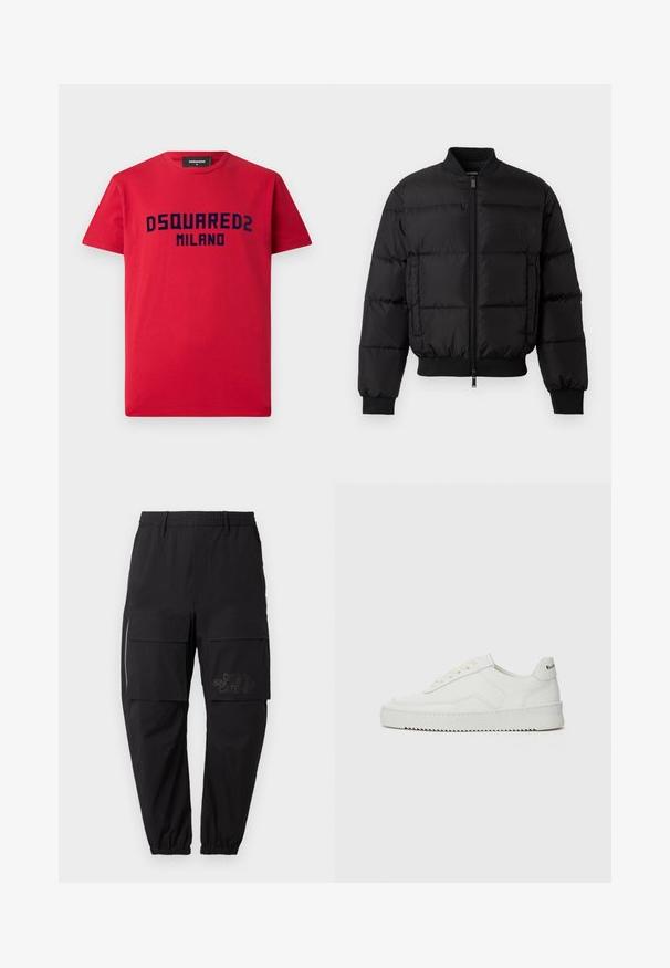 Chaqueta de plumas negra con cierre de cremallera en la parte delantera, puños y dobladillo acanalados. Cuenta con un diseño acolchado y una marca tonal en el bolsillo izquierdo del pecho.; Camiseta de algodón roja con mangas cortas, que presenta el logo en azul marino "DSQUARED2 MILANO" en el pecho. Diseño clásico de cuello redondo.; Pantalones cargo negros con cintura elástica, que cuentan con múltiples bolsillos laterales, un detalle de cremallera y un logo sutil impreso en el muslo.; Zapatilla de cuero blanca con un acabado suave, puntera redonda, cordones planos y suela texturizada. Cuenta con un sutil logo en el talón.