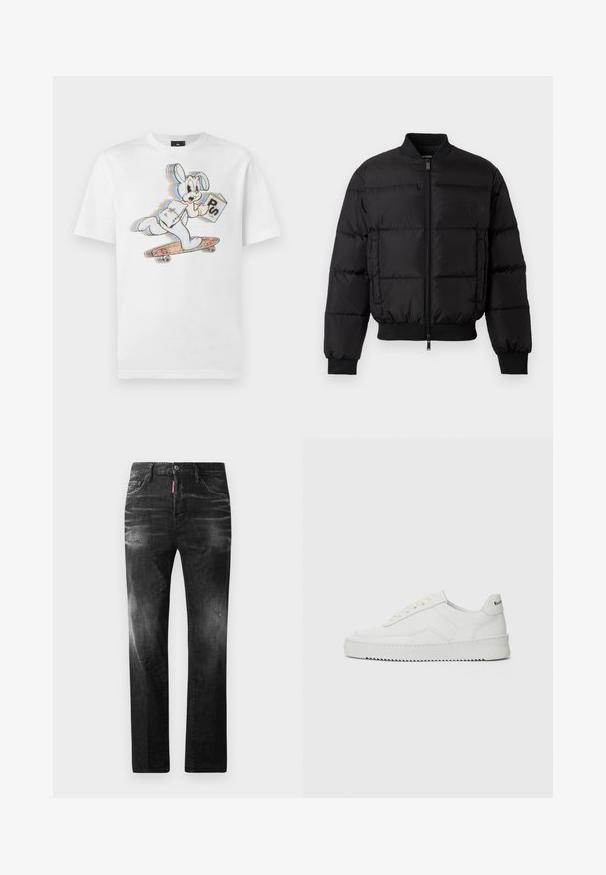 Černá plněná bunda s předním zipem, žebrovanými manžetami a lemem. Disponuje prošívaným designem a tónovým brandingem na levé náprsní kapse.; Bílý bavlněný tričko s potiskem karikatury králíka na skateboardu, který drží knihu. Design obsahuje barevné akcenty a obrysy.; Černé džíny z denimu se rovnými nohavicemi. Obsahují vybledlé oblasti, drobné poškození, klasický pětikapsový design a zapínání na knoflík.; Bílé kožené tenisky s hladkým povrchem, kulatou špičkou, plochými tkaničkami a texturovanou podrážkou. Na patě se nachází nenápadné logo.