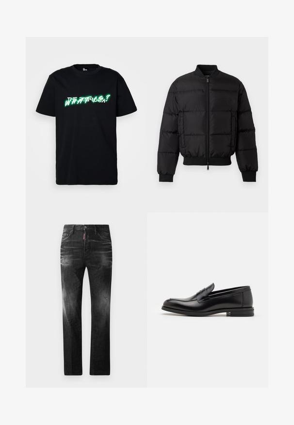 Black puffer jacket with a zip front, ribbed cuffs, and hem. Features a quilted design and tonal branding on the left chest pocket.; Black cotton t-shirt featuring bold green and white graphic text that reads "WHAT IS?" along the front. Crew neck and short sleeves.; Black denim jeans with a straight fit. Features faded areas, minor distressing, classic five-pocket design, and a button closure.; Black leather loafers with a smooth texture, rounded toe, and a decorative strap across the vamp. Low stacked heel, minimalist design.