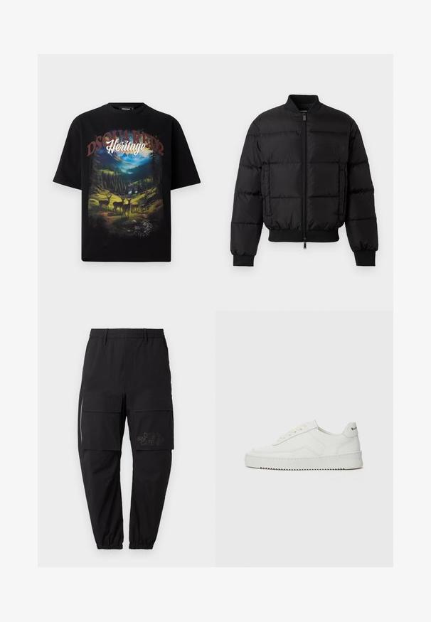 Fekete puffermellény, elülső cipzárral, bordázott mandzsettákkal és aljjal. Tömörített mintázat jellemzi, és tónusos logó található a bal oldali mellzsebén.; Fekete, rövid ujjú póló, színes tájjal, amelyen szarvasok, hegyek és a "DSQUARED2 Heritage" felirat látható vastag betűkkel.; Fekete cargo nadrág, rugalmas derékkal, több oldalsó zsebbel, cipzár részlettel és diszkrét nyomott logóval a combon.; Fehér bőr sportcipő sima felülettel, kerek orral, lapos fűzőkkel és texturált talppal. Finom logó található a sarokon.