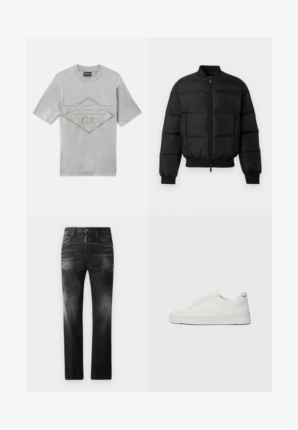 Juodas pūkinis švarkas su užtrauktuku priekyje, su guma rankogaliuose ir priekyje. Yra siuvinėtas dizainas ir toninis logotipas kairėje krūtinės kišenėje.; Pilkos spalvos trumpomis rankovėmis marškinėliai pagaminti iš medvilnės. Puošti siuvinėtu deimanto logotipu su "GA" ir sparnų detalėmis, esančiomis smėlio spalvos. Apvalūs kaklo iškirpimas.; Juodi džinsai su tiesiu kirpimu. Spalvoti svyrantys plotai, šiek tiek sugadinti, klasikinis penkių kišenių dizainas ir mygtuko uždarymas.; Balti odiniai sportiniai bateliai su lygia apdaila, apvaliu pirštu, plokščiais raišteliais ir tekstūruotu padu. Pasižymi subtiliu logotipu ant kulno.