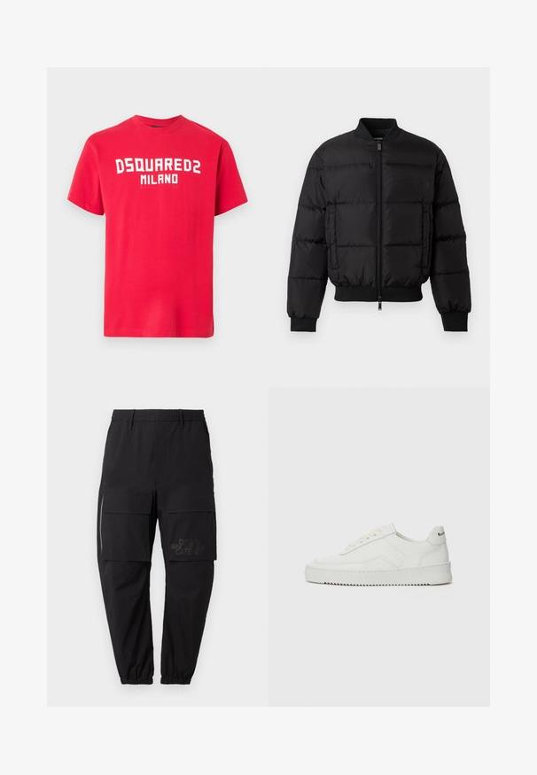 Černá plněná bunda s předním zipem, žebrovanými manžetami a lemem. Disponuje prošívaným designem a tónovým brandingem na levé náprsní kapse.; Červené bavlněné tričko s krátkými rukávy a kulatým výstřihem. Na přední straně výrazný bílý nápis "DSQUARED2 MILANO". Hladká struktura.; Černé cargo kalhoty s elastickým pasem, které mají několik bočních kapes, detail se zipem a nenápadné vytištěné logo na stehně.; Bílé kožené tenisky s hladkým povrchem, kulatou špičkou, plochými tkaničkami a texturovanou podrážkou. Na patě se nachází nenápadné logo.