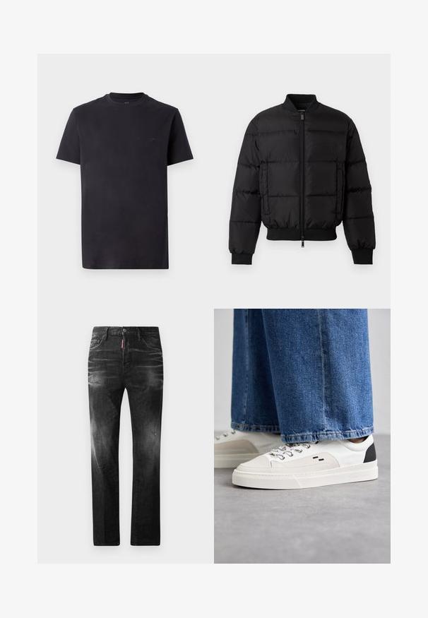 Mustmust mustroheline jakk, millel on lukuga esiosa, soonikust mansetid ja alläär. Omab tepitud disaini ja ühtlast brändimist vasakul rinnataskul.; Must musta t-särk kõrge kraega, lühikeste varrukatega ja reljeefse logoga rinnal. Sile tekstuur, mugav lõike.; Mustad denim püksid otse lõikega. Omavad kulunud piirkondi, väikseid kahjustusi, klassikalist viit taskut ning nööpkinnitust.; Valged ja mustad spordijalatsid sileda nahkpealise, tekstuursete aktsentidega ja paksu valge tallaga. Omab klassikalist nööbistamise disaini.