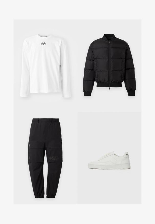 Črn puhovka z zadrgo spredaj, ribanim zaključkom rokavov in spodnjim robom. Ima kvadratno zasnovo in tonalne oznake na levem žepu.; Bela dolgimi rokavi, narejena iz bombaža, s krožnim ovratnikom in majhnim črnim grafičnim dizajnom na sredini, z manšetami na rokavih.; Črne tovorne hlače z elastičnim pasom, ki imajo več stranskih žepov, zadrgo in subtilen logotip na stegnu.; Bela usnjena športna obutev z gladko površino, okroglo prst, ravne vezalke in teksturiran podplat. Ima diskretno logo na peti.