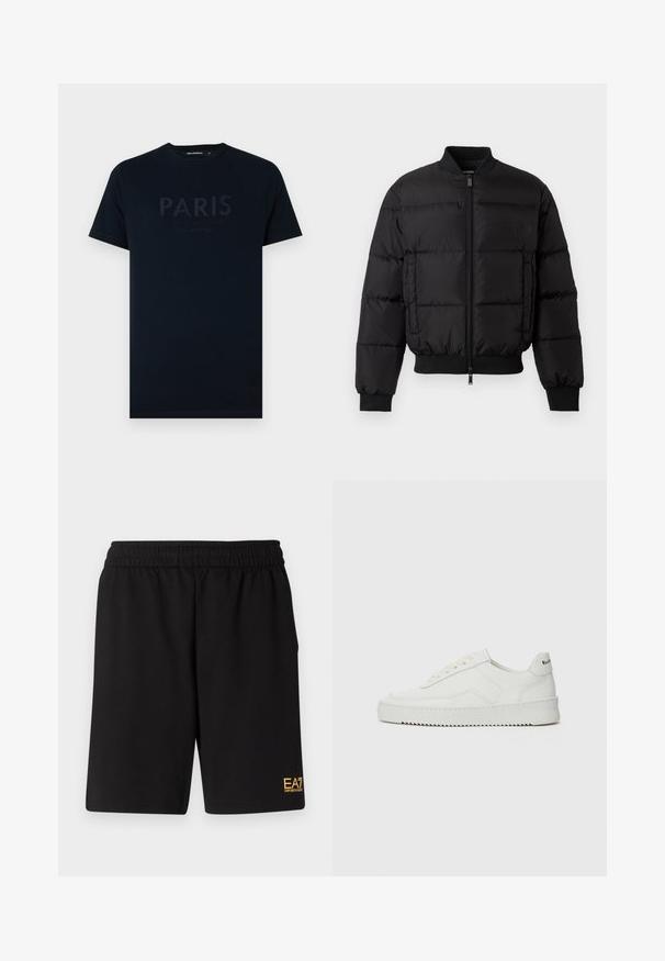 Svart puffjacka med dragkedja framtill, ribbade ärmavslut och nederkant. Har en quiltad design och tonal branding på vänster bröstficka.; Marinblå bomullströja med upphöjd text "PARIS" och ytterligare textdetaljer i en mörkare nyans. Kort ärm och rundad halsringning.; Svarta träningsshorts i mjukt tyg, med ett elastiskt midjeband och en liten gul EA7-logotyp på nedre vänstra benet.; Vita lädersneakers med en jämn yta, rund tå, platta snörningar och en strukturerad sula. Har en diskret logotyp på hälen.