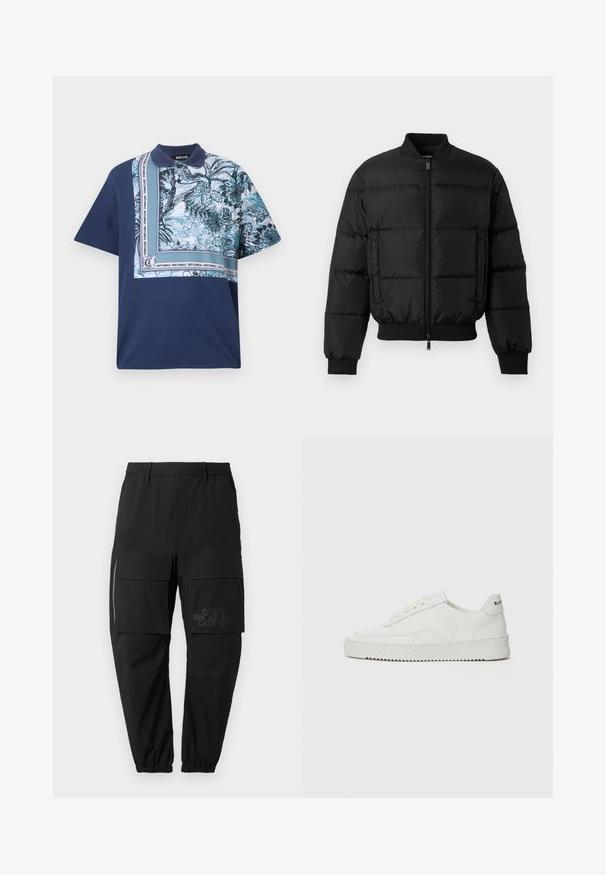 Chaqueta de plumas negra con cierre de cremallera en la parte delantera, puños y dobladillo acanalados. Cuenta con un diseño acolchado y una marca tonal en el bolsillo izquierdo del pecho.; Polo shirt de manga corta en color navy que presenta un estampado floral colorido en un lado, con un cuello texturizado y detalles del logo acentuados a lo largo de la costura.; Pantalones cargo negros con cintura elástica, que cuentan con múltiples bolsillos laterales, un detalle de cremallera y un logo sutil impreso en el muslo.; Zapatilla de cuero blanca con un acabado suave, puntera redonda, cordones planos y suela texturizada. Cuenta con un sutil logo en el talón.